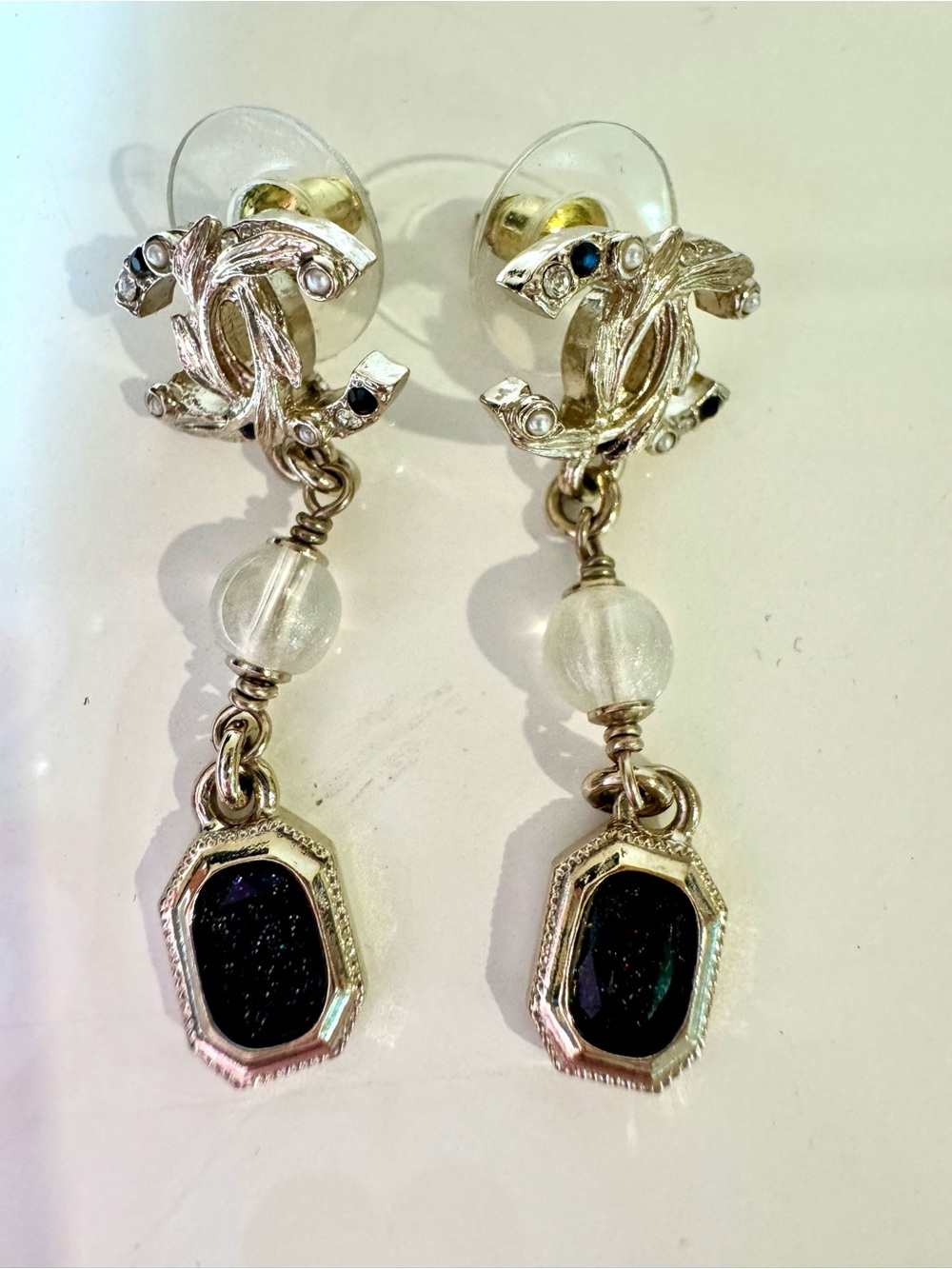 Chanel CC Logo Pearl, Crystal, and Gem Drop Earrings W Box - Picture 7 of 11